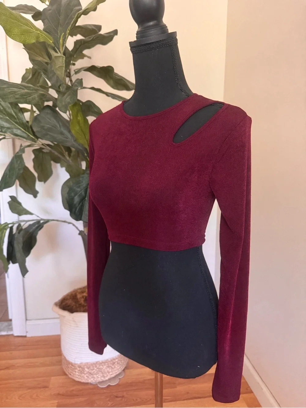 Electrica Burgundy Asymmetrical Cutout Long-Sleeve Crop Top